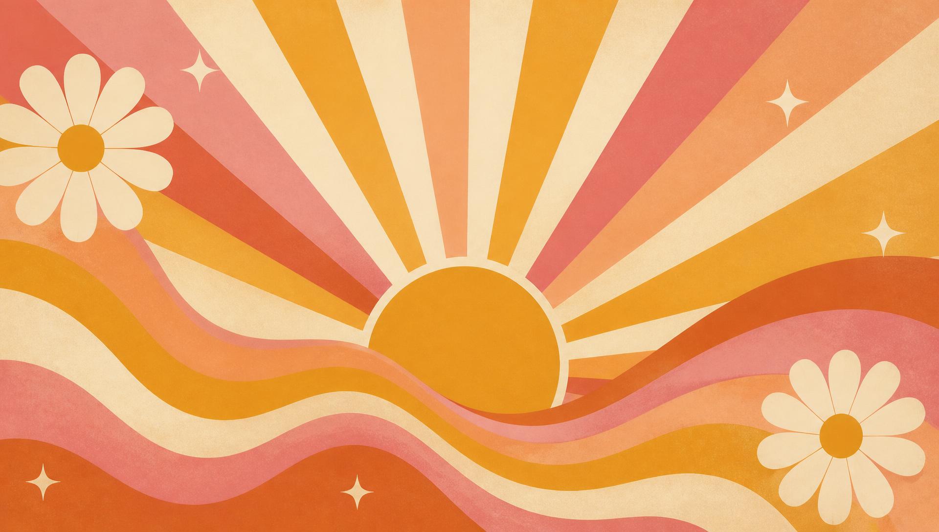 Retro 1970s sunburst and wavy ribbons in gold, peach and burnt orange